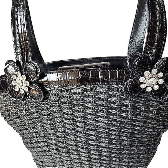 Brighton Twilight Straw Handbag Black Rhinestone Embellished Double Handles Tote - Picture 2 of 13